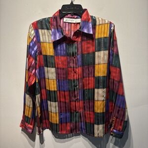 Vintage Yves St.‎ Clair Long Sleeve Button Up Blouse Colorful Artsy Sheer Sz12